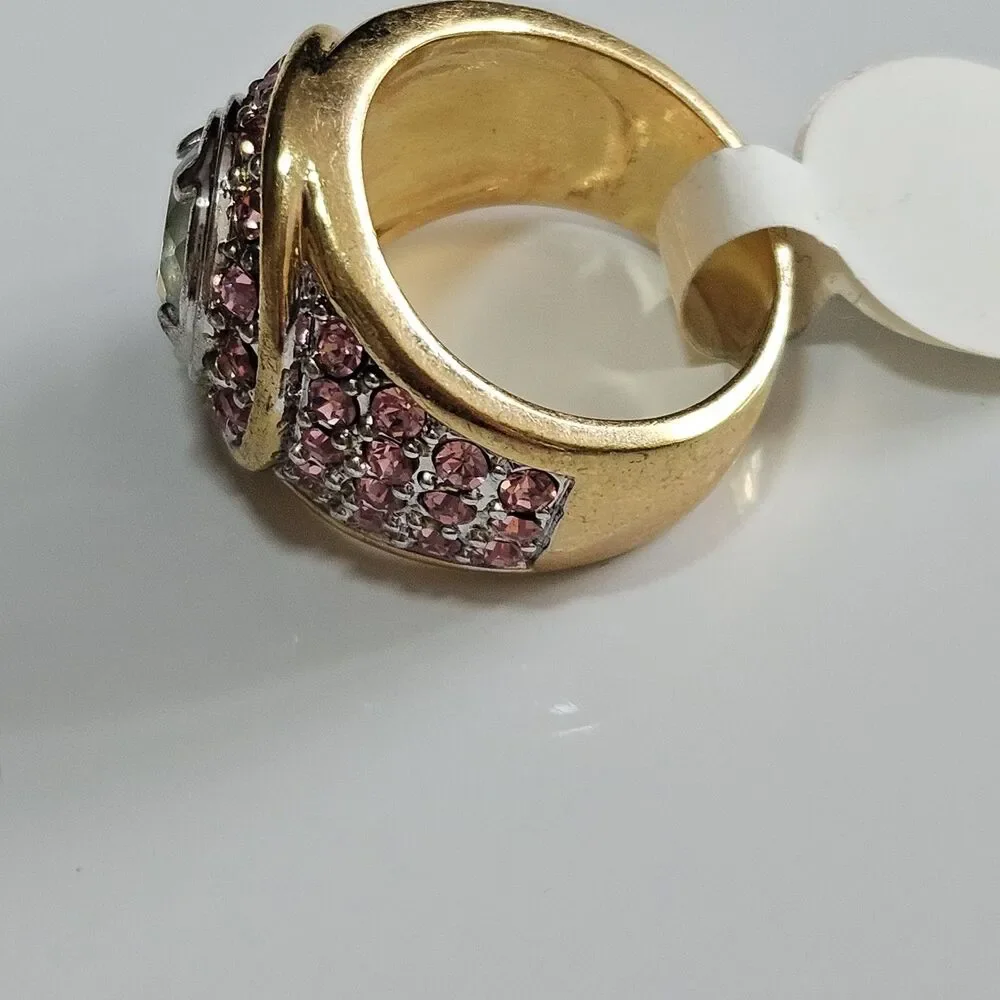Gold tone pink and blue rhinestone ring Size 8.75